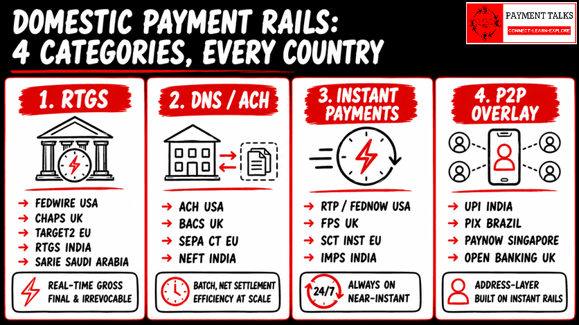 Domestic payment rails RTGS DNS instant payments global comparison infographic