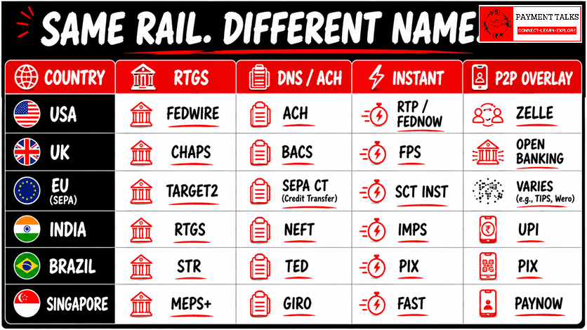 Global domestic payment rail comparison USA UK EU India Saudi Arabia Brazil Singapore Australia RTGS DNS instant P2P