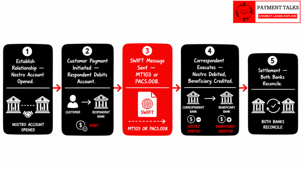 How correspondent banking works step by step — SWIFT message flow and Nostro account settlement
