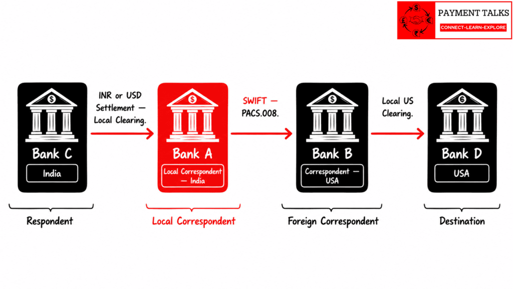 Multi-hop correspondent banking chain — local correspondent bank routing example India to USA