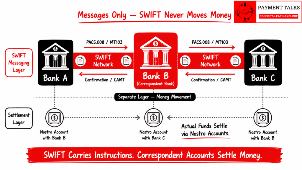 SWIFT role in correspondent banking — PACS.008 and MT103 message flow between correspondent banks