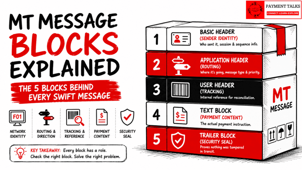 MT message blocks diagram showing five SWIFT message segments