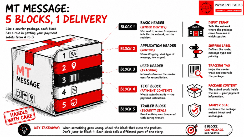 MT message blocks shown as five layered courier package parts