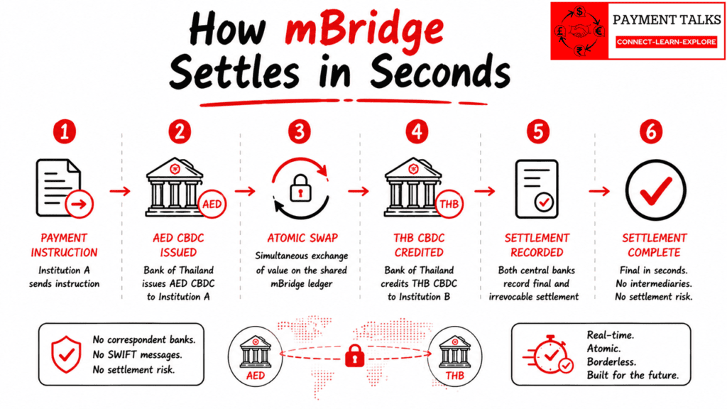 mBridge atomic swap flow, 6 step diagram showing AED CBDC issuance, atomic swap, and THB CBDC credit