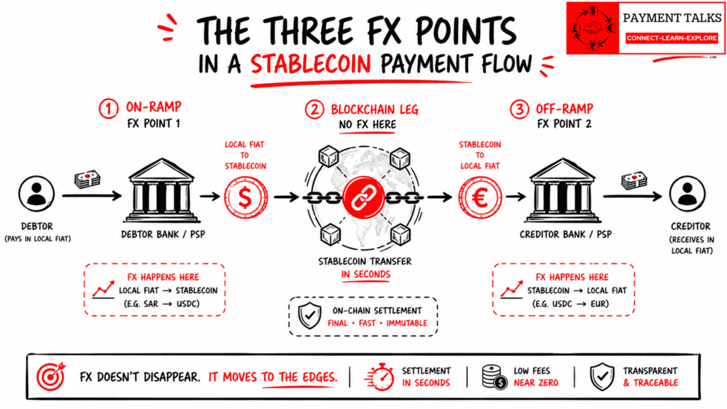 Three FX conversion points in a stablecoin cross-border payment: on-ramp, blockchain leg, off-ramp