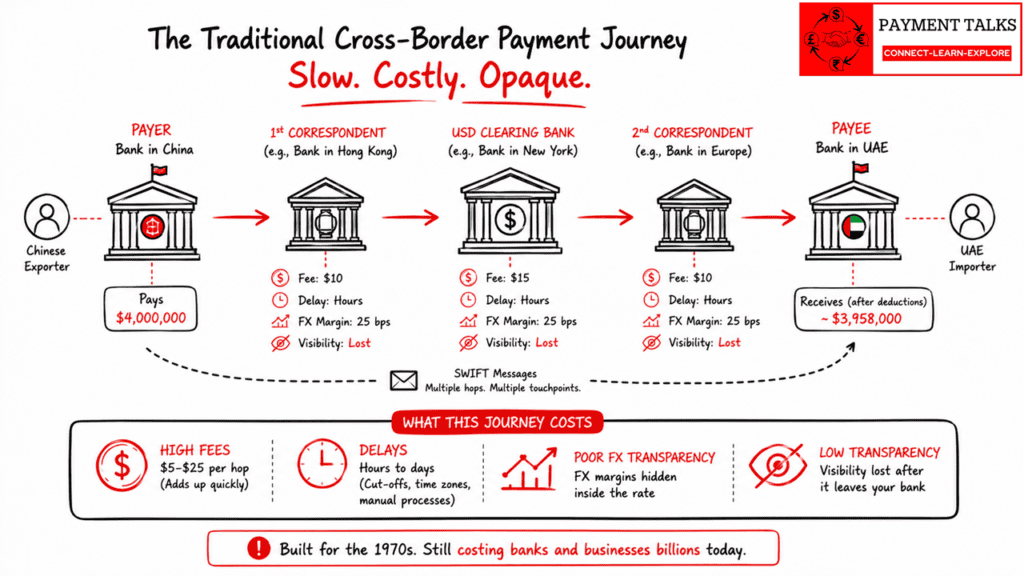 Correspondent banking flow showing fees and delays between China and UAE banks