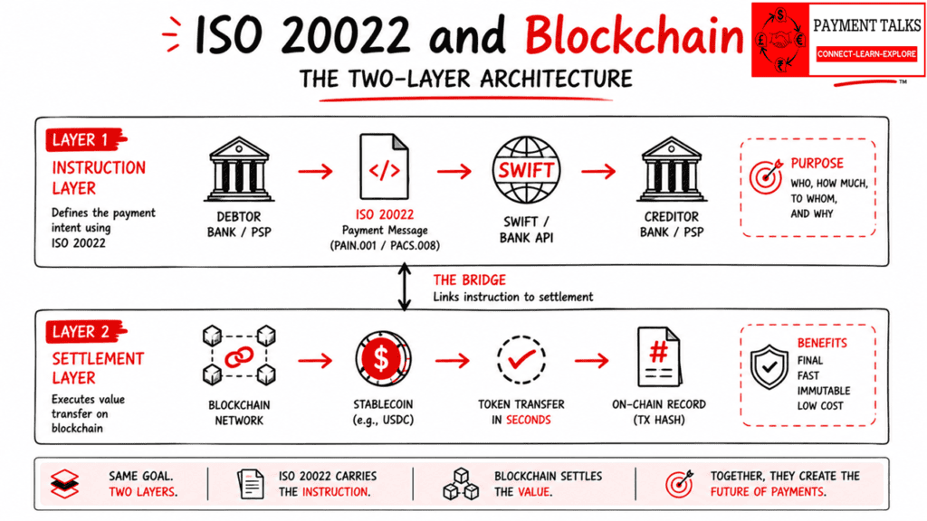 Two-layer architecture diagram: ISO 20022 instruction layer and blockchain settlement layer