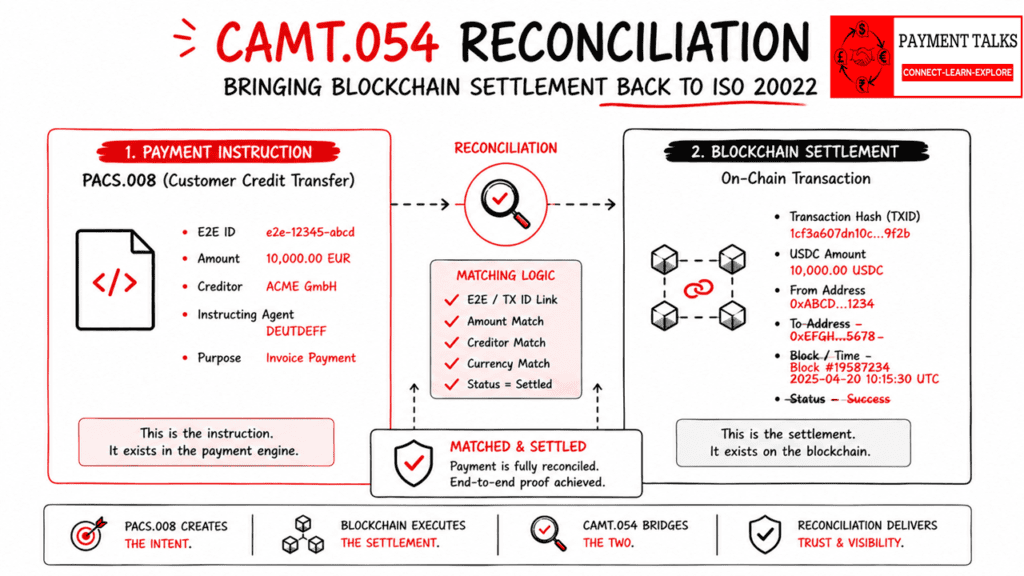 CAMT.054 reconciliation mapping a blockchain transaction hash to a PACS.008 instruction