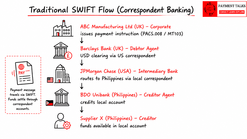 Correspondent banking chain diagram for a GBP to PHP cross-border payment