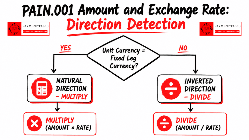 PAIN.001 Amount and Exchange Rate direction detection flowchart — multiply vs divide
