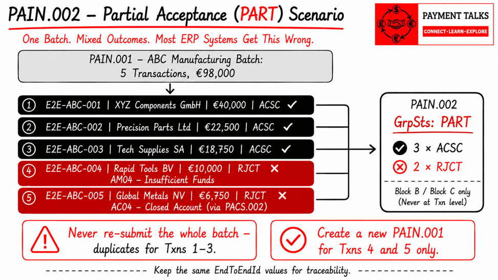 PAIN.002 partial acceptance PART status — ABC Manufacturing five-transaction batch showing three ACCP and two RJCT outcomes