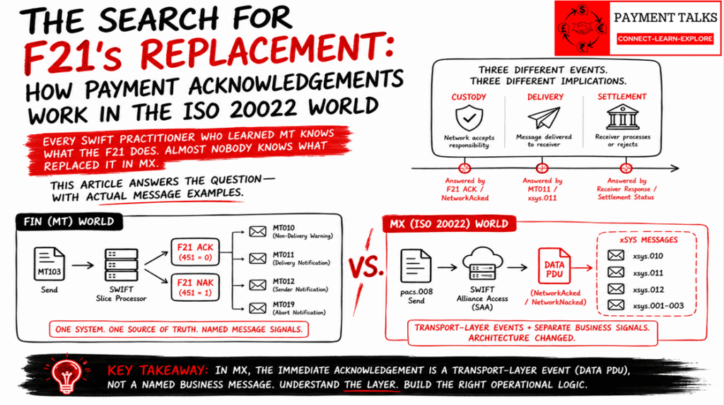 SWIFT payment acknowledgement flow from F21 to FINplus DataPDU showing MT to MX transition