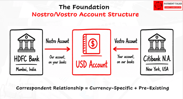 Nostro and Vostro account diagram showing the bilateral USD correspondent banking relationship between HDFC Bank India and Citibank NA New York