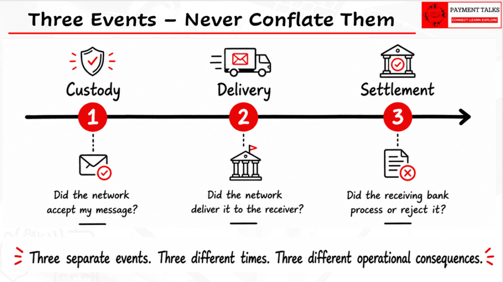 Three payment checkpoints on a timeline showing custody, delivery and settlement with their corresponding signals in SWIFT FINplus