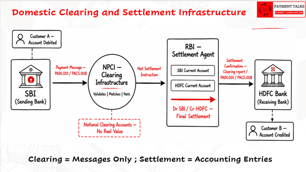 Domestic clearing and settlement infrastructure diagram showing SBI sending payment message to NPCI, NPCI passing net settlement instruction to RBI, and RBI debiting SBI and crediting HDFC in final settlement.