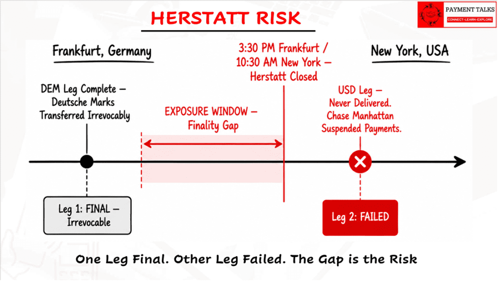 Herstatt collapse timeline showing DEM leg completed in Frankfurt and USD leg failed in New York, with the exposure window (Herstatt Risk gap) highlighted between the two finality moments.