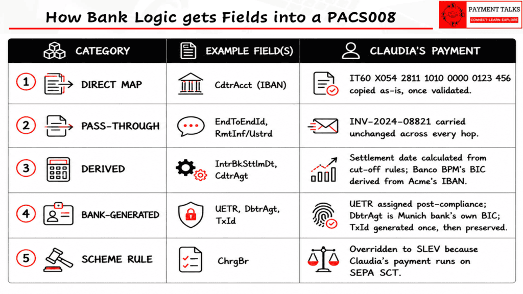 Field mapping categories cheat sheet showing five ways data enters a pacs.008: direct map, pass-through, derived, bank-generated, and scheme rule, with Claudia's payment examples