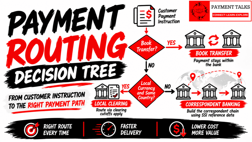Payment routing chain diagram showing a payment moving from Debtor Agent through correspondent banks to Creditor Agent
