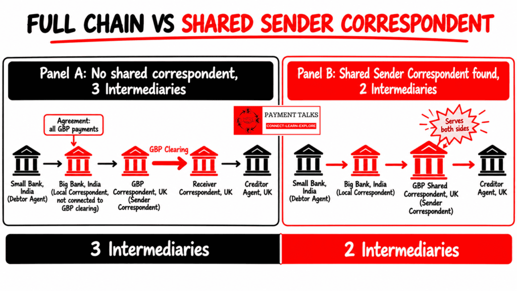 Side by side comparison of a three intermediary correspondent chain versus a two intermediary shared Sender Correspondent chain for a GBP payment routed from a small Indian bank.